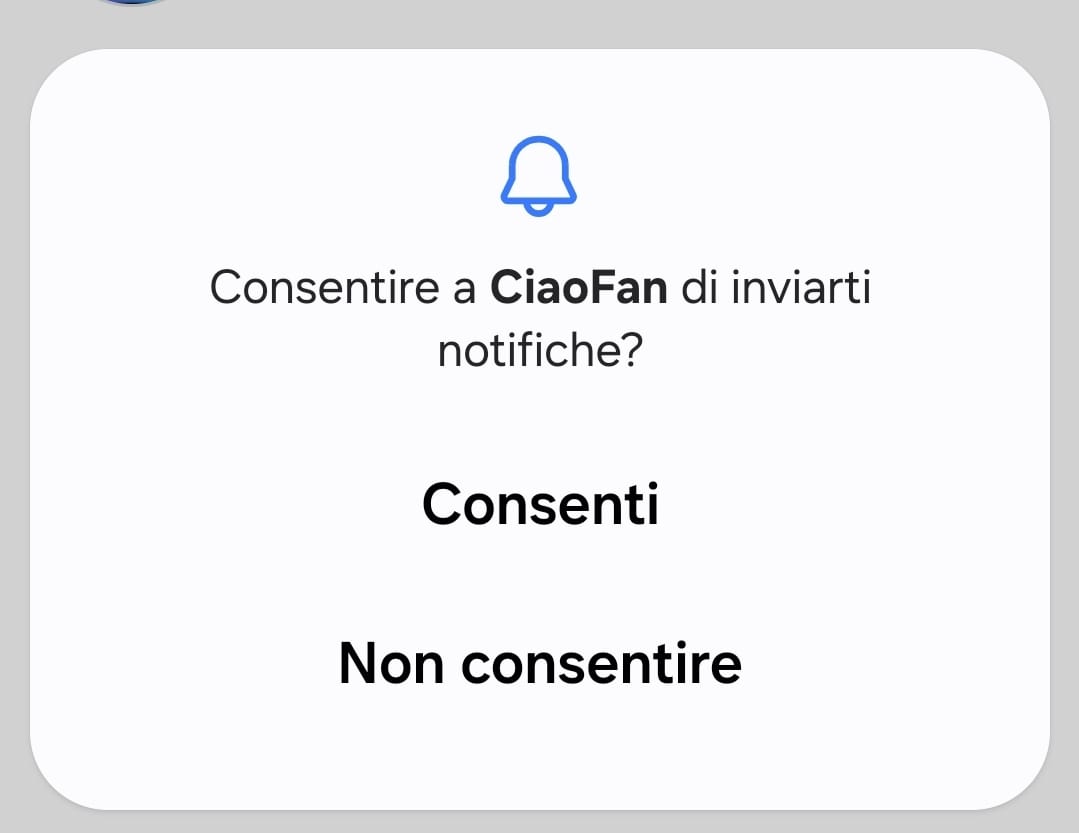 Richiesta di autorizzazione notifiche CiaoFan con opzione Consenti