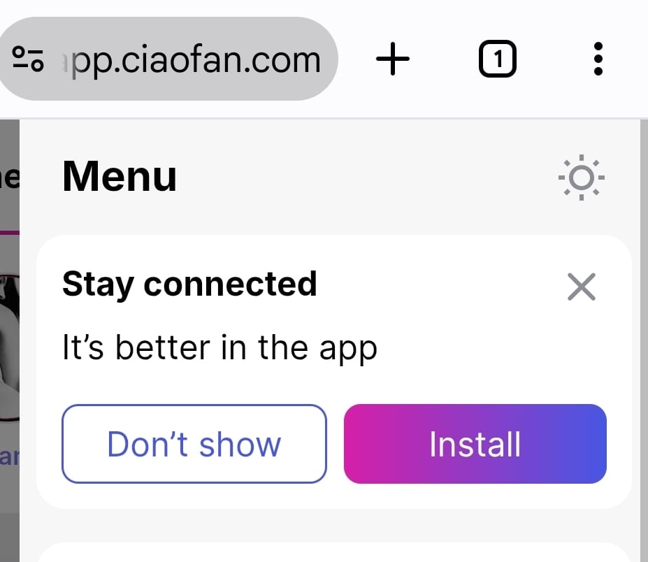 Menu CiaoFan con riquadro Stay connected e pulsante Install